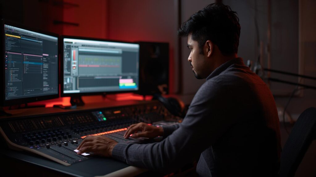 Music producer working at a mixing console, showing career opportunities after learning with The Mystic Keys