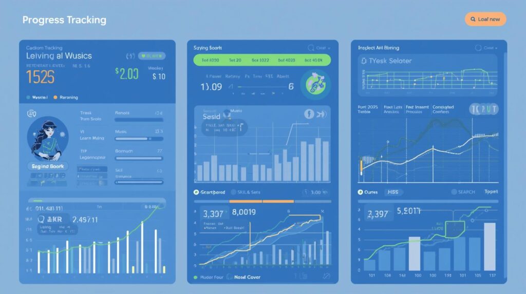 Progress tracking dashboard showing learning levels in virtual music training courses.