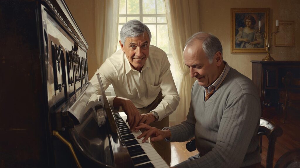 Music teacher helping an adult student during a lesson, showing that guidance makes adult learning easier and more enjoyable