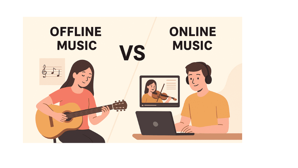 Illustration comparing offline vs online music lessons, showing a student learning in a classroom on one side and learning through a laptop on the other.