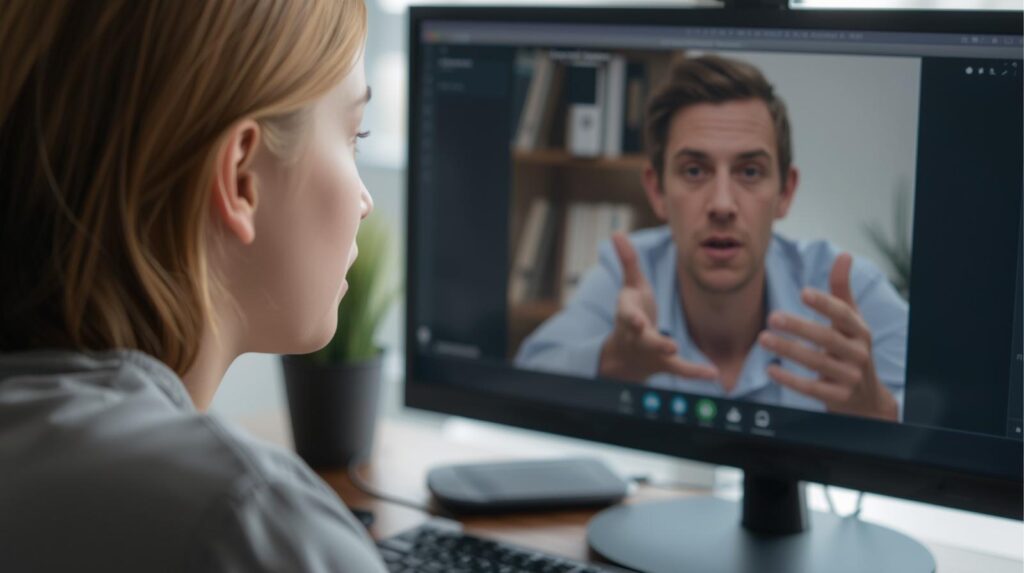 Music teacher giving feedback to a student during virtual music training courses.