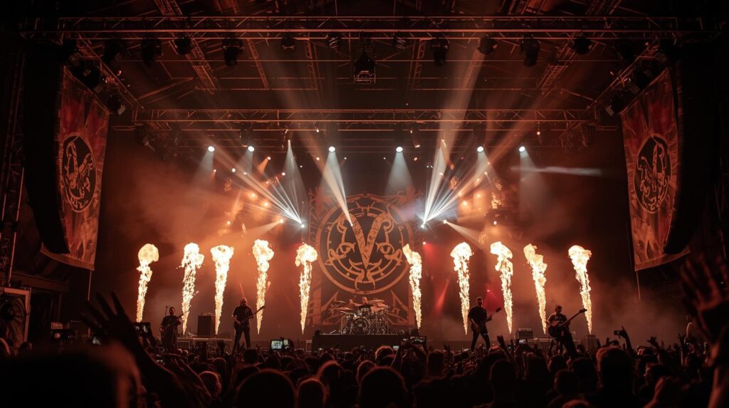 Viking metal band performing with Norse-themed stage and fire effects