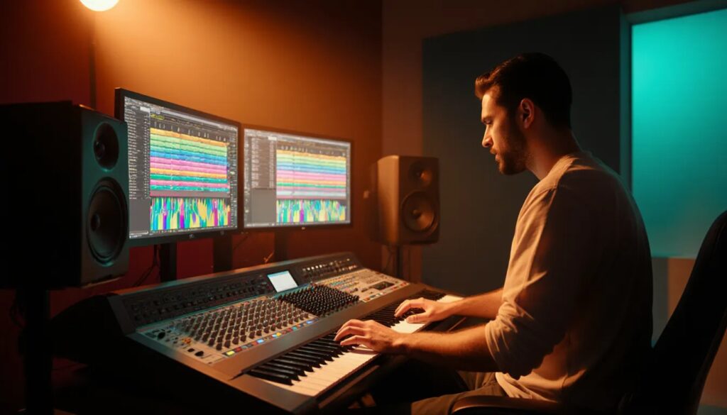 Music producer creating catchy melodies and hooks in a studio, demonstrating what makes a song catchy in modern production.