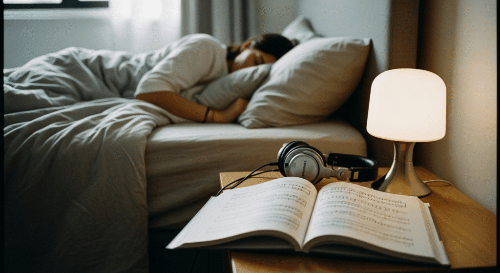 Calming night-themed artwork showing the effects of classical music on the brain by promoting relaxation and better sleep.