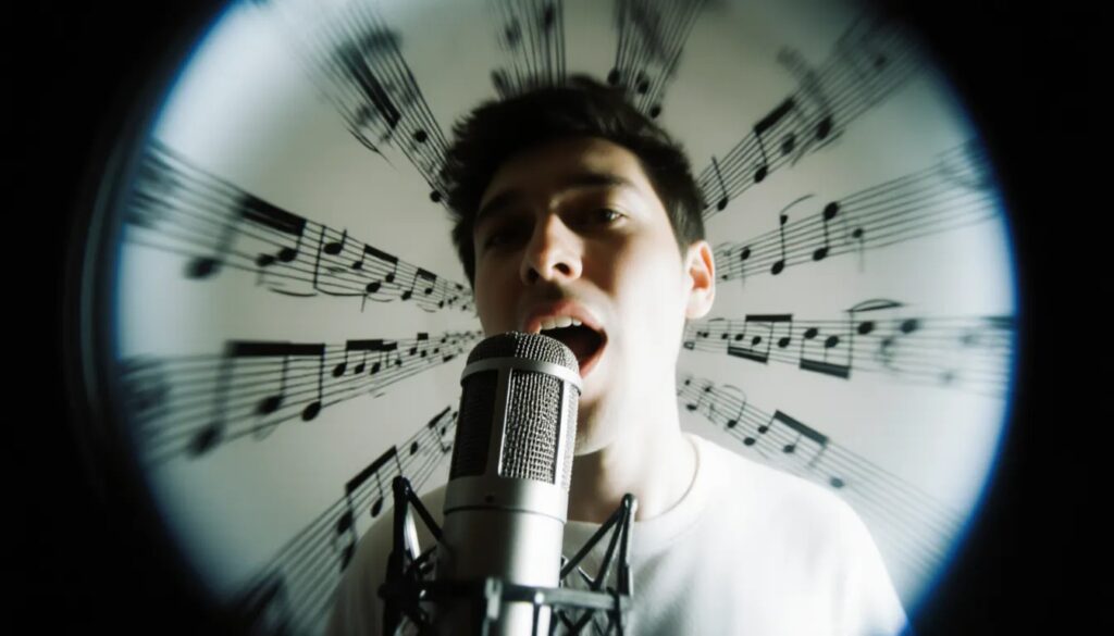 Vocalist singing a repetitive chorus that highlights what makes a song catchy through lyrical hooks and vocal delivery