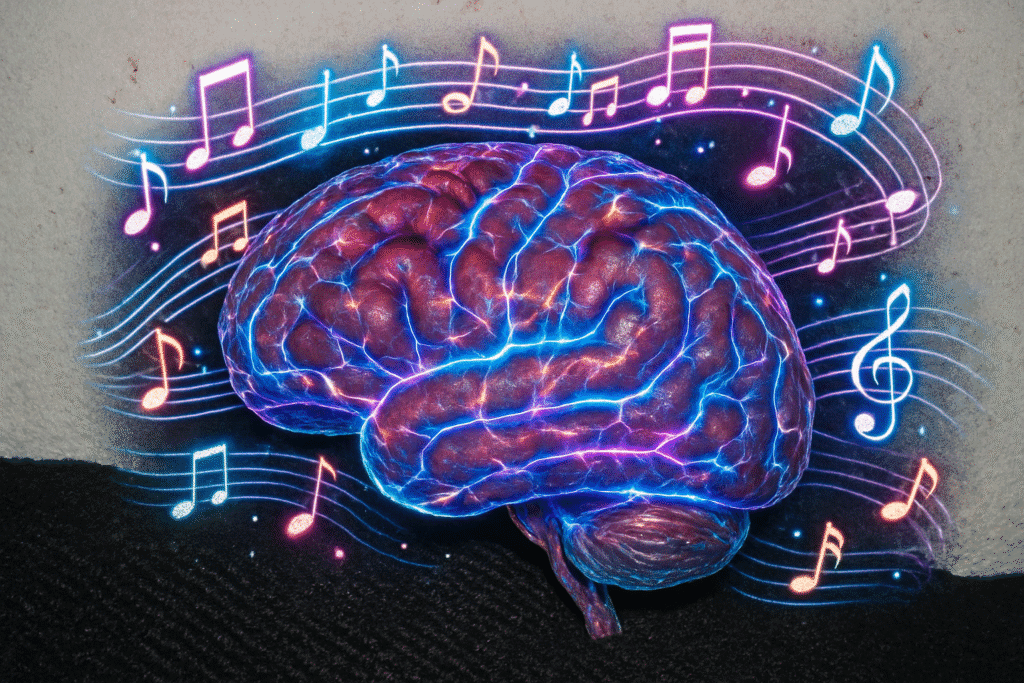 Human brain responding to melody patterns showing what makes a song catchy through neuroscience and music psychology.