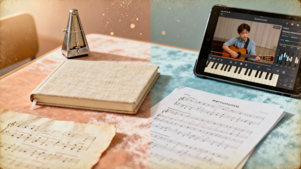 Modern illustration showing online music learning tools: recorded sessions, PDF notes, backing tracks, and on-screen demonstrations. Contrast with offline classroom tools on the left. Clear visual comparison for