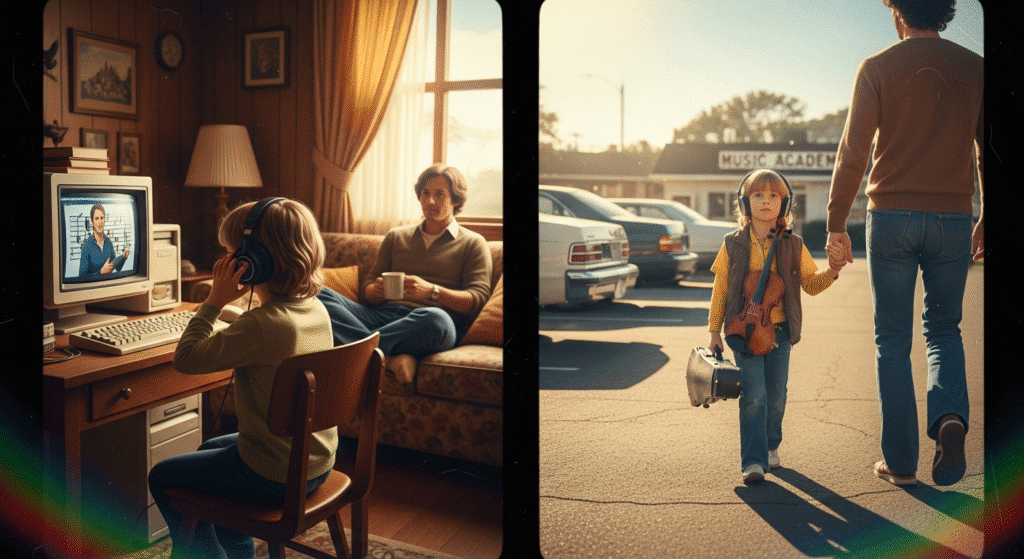 Child learning music online at home with a parent supervising, representing safety and monitoring advantages in offline vs online music lessons.