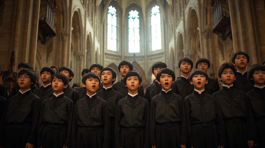 Les Petits Chanteurs de Paris performing in a cathedral, representing French choral tradition.Famous popular choirs around the world