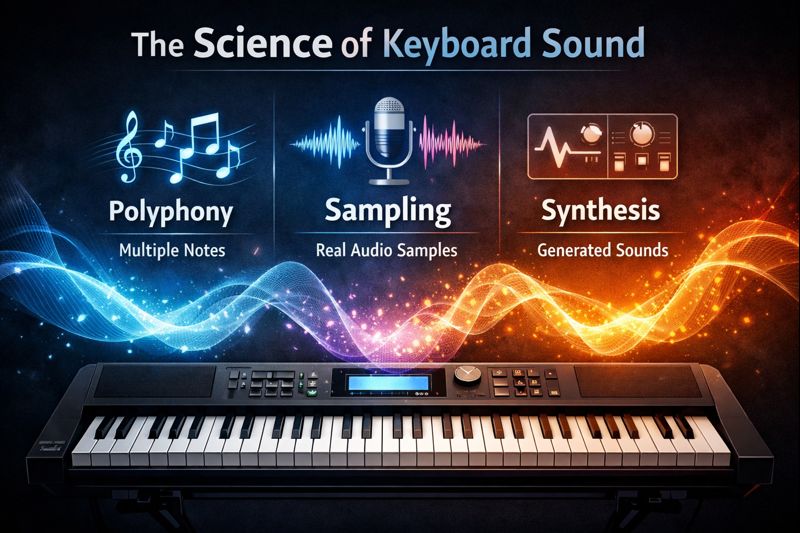 Illustration explaining the science of keyboard sound, including polyphony, sampling, and synthesis