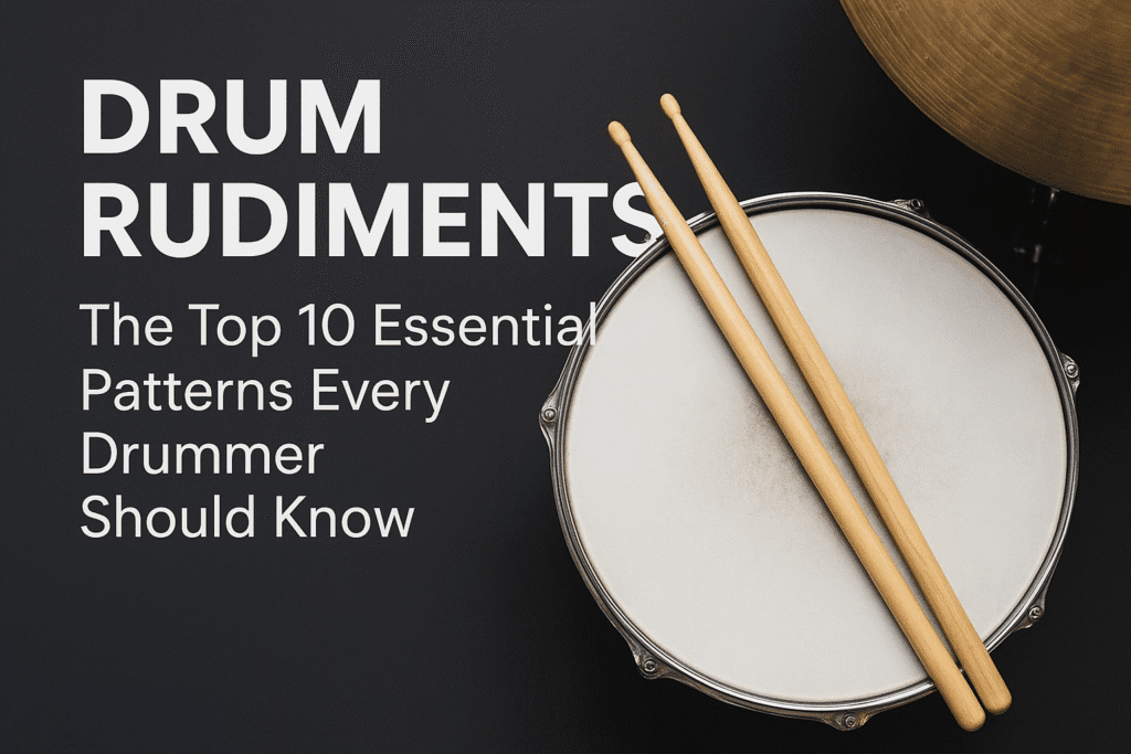 A pair of wooden drumsticks resting on a snare drum beside bold text reading “Drum Rudiments: The Top 10 Essential Patterns Every Drummer Should Know,” displayed on a dark background.