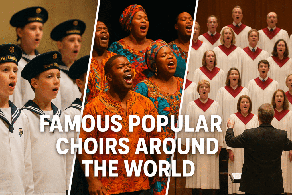 Famous popular choirs around the world performing on stage, including Vienna Boys’ Choir, Soweto Gospel Choir, and Tabernacle Choir, showcasing harmony and cultural diversity."