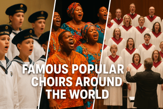 Famous popular choirs around the world performing on stage, including Vienna Boys’ Choir, Soweto Gospel Choir, and Tabernacle Choir, showcasing harmony and cultural diversity."