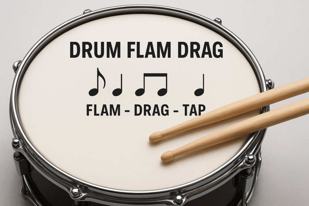 A close-up photo of a snare drum with two wooden drumsticks resting on the drumhead. The drumhead displays the text “Drum Flam Drag” along with musical notes showing the flam, drag, and tap pattern.