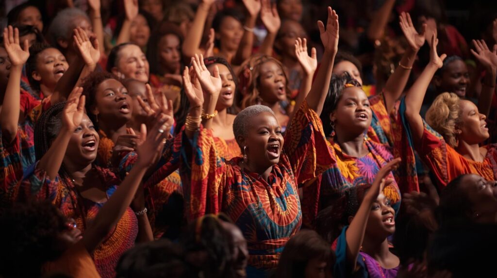 Soweto Gospel Choir performing joyfully in colorful traditional African outfits.Famous popular choirs around the world