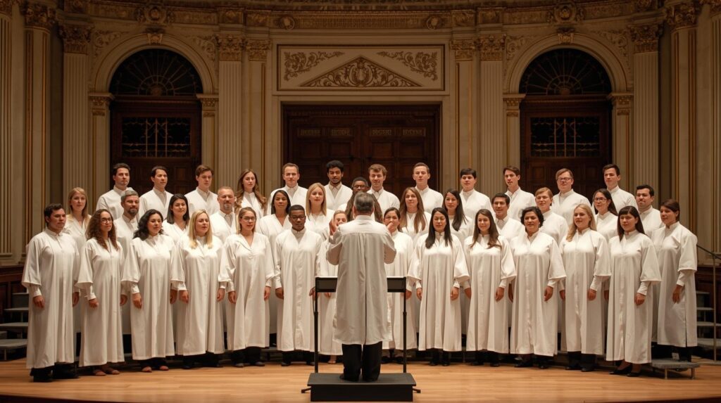 Mormon Tabernacle Choir singing in robes during a live performance with conductor leading.