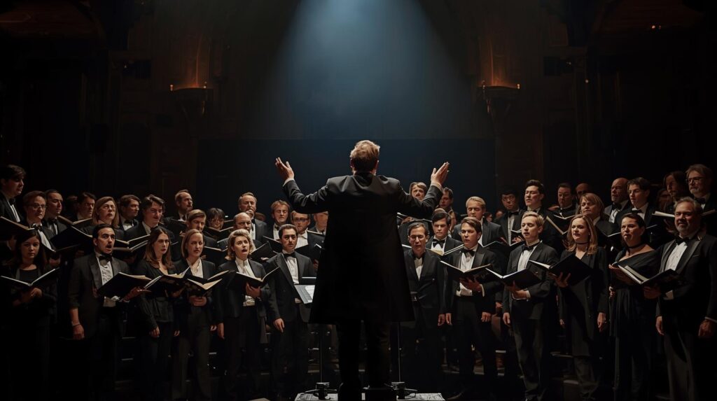 Tenebrae Choir performing emotional and dramatic classical music under soft lighting.Famous popular choirs around the world
