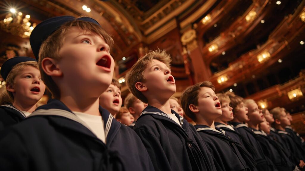 Vienna Boys’ Choir performing classical music in traditional sailor uniforms."
