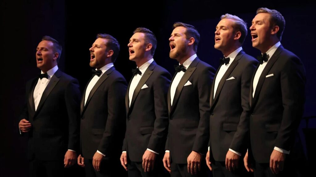 "The King’s Singers performing a cappella, showcasing precision and harmony.Famous popular choirs around the world