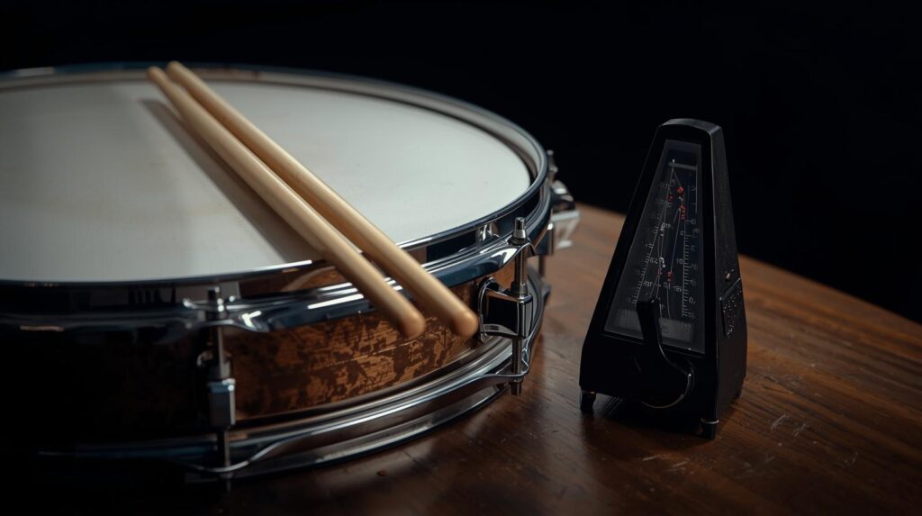 Drum practice setup with metronome for rudiment exercises