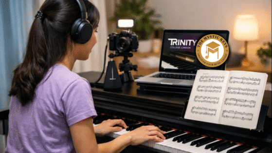 Student preparing for the Trinity Piano Exam with online piano coaching at The Mystic Keys
