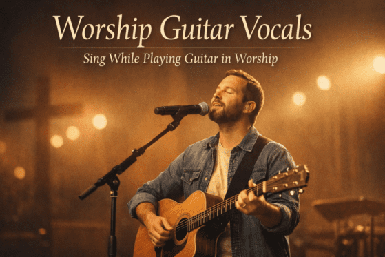 Worship leader singing while playing acoustic guitar during a church worship setting