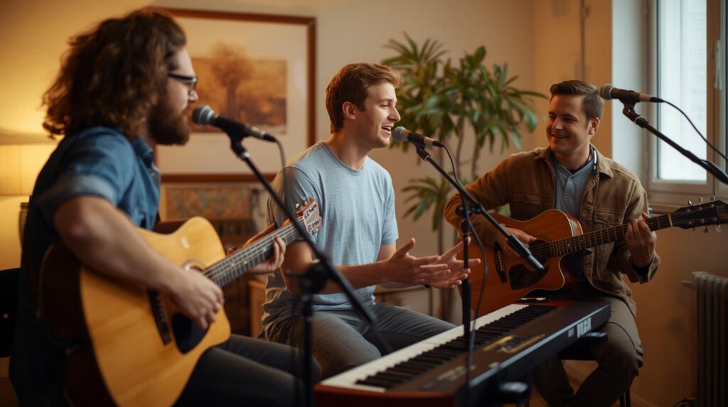 Worship team rehearsal with guitar and vocals