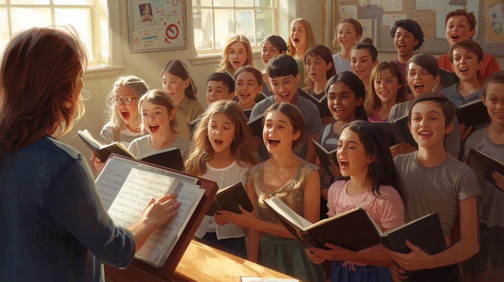 Students learning choir singing together in a music class with guidance from a teacher