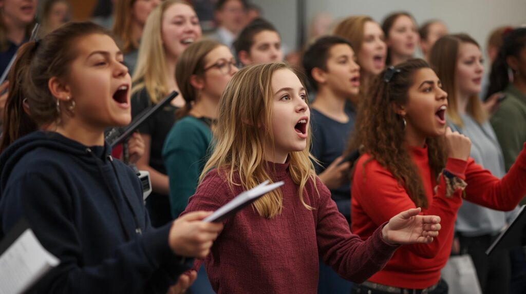 Students practicing both classical and pop choir styles during a group rehearsal