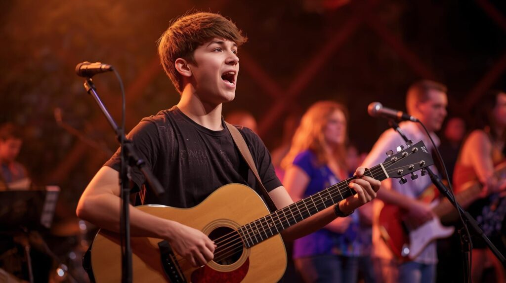 young worship guitarist leading praise in church