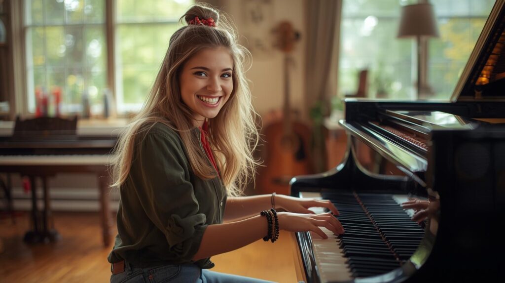 confident piano student playing after consistent piano practice