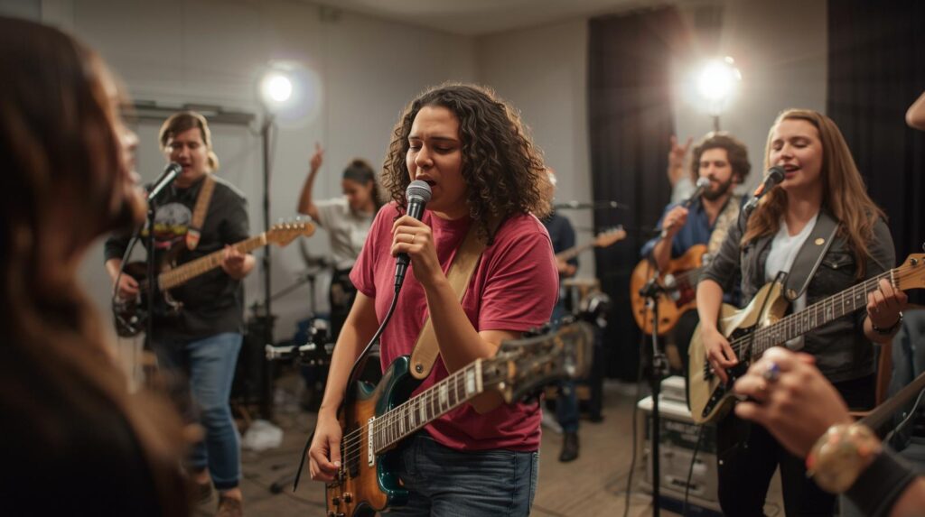 guitarist playing in band staying in time with music
