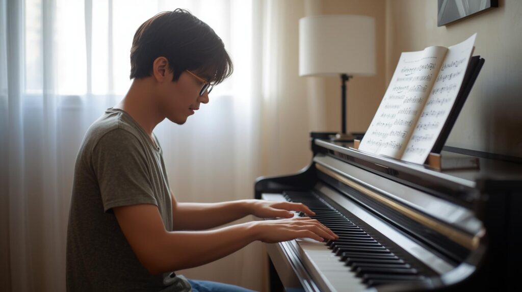 Beginner learning piano or keyboard during music practice