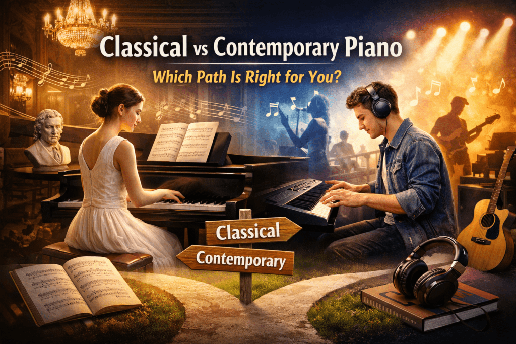 Classical vs Contemporary Piano comparison showing a classical pianist playing a grand piano and a contemporary musician playing a digital keyboard.