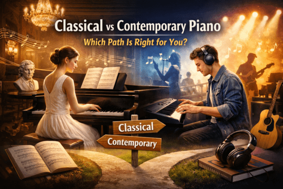 Classical vs Contemporary Piano comparison showing a classical pianist playing a grand piano and a contemporary musician playing a digital keyboard.