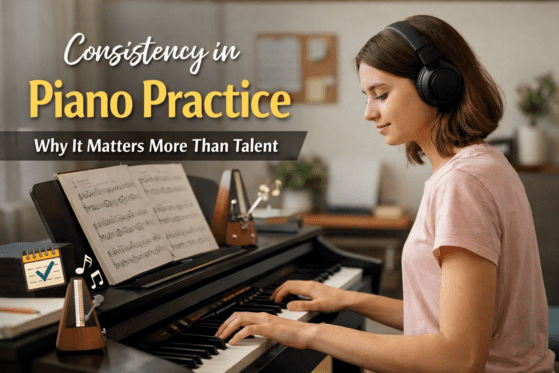 Student practicing piano daily showing the importance of consistency in piano practice