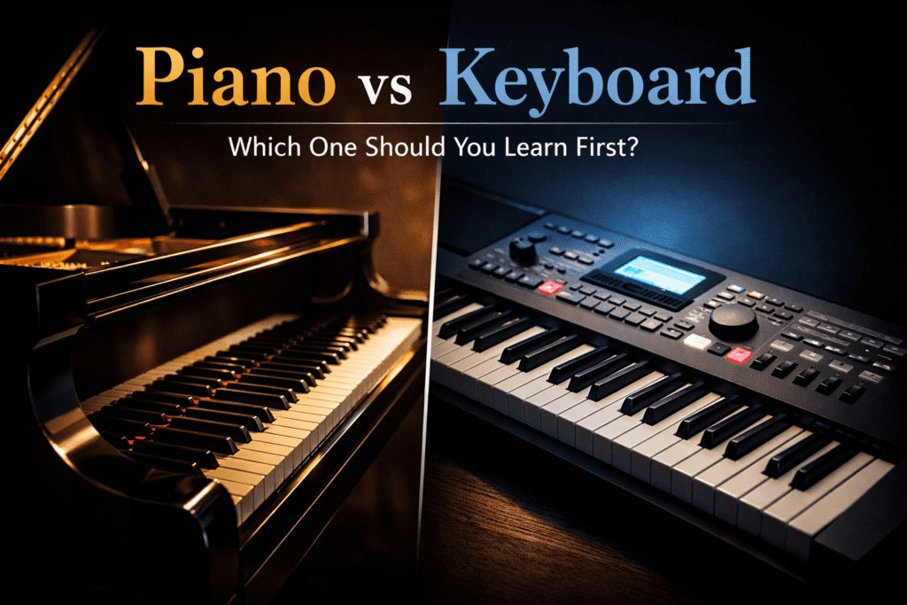 Piano vs keyboard comparison showing acoustic piano and digital keyboard for beginners learning music