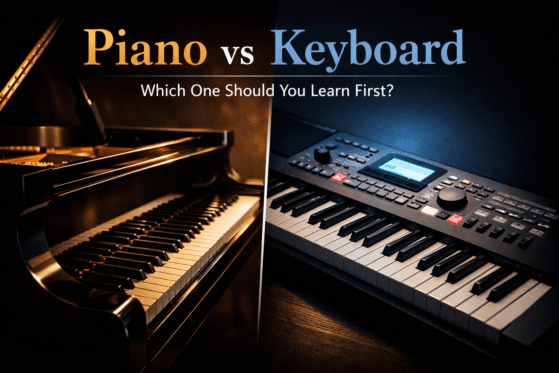 Piano vs keyboard comparison showing acoustic piano and digital keyboard for beginners learning music