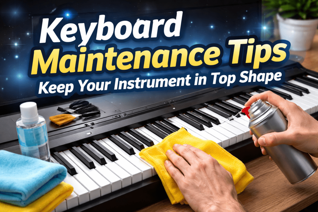 Keyboard maintenance tips showing hands cleaning a digital piano keyboard with microfiber cloth and compressed air