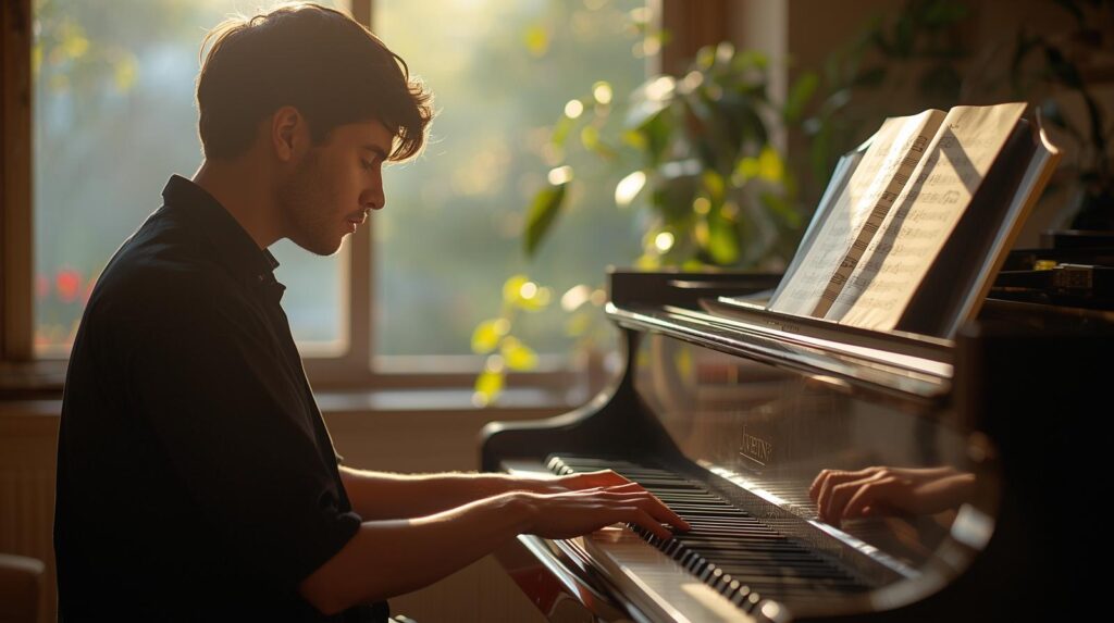 Student practicing classical piano with sheet music on a grand piano.