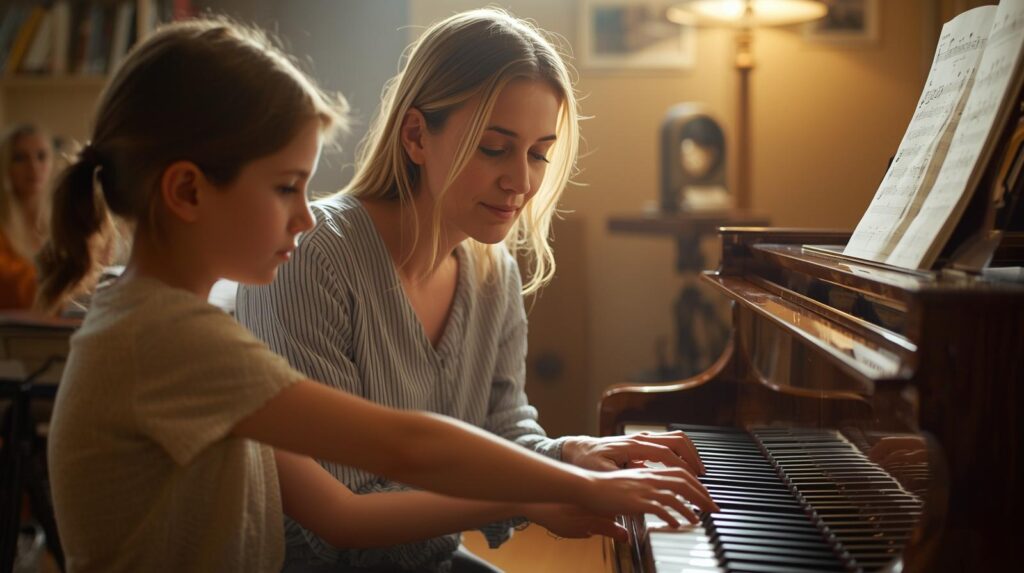 piano teacher guiding beginner student during piano practice lesson