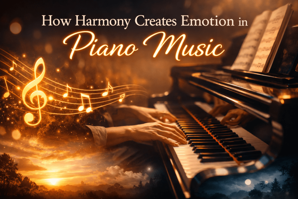 How harmony creates emotion in piano music with pianist playing expressive chords on a grand piano