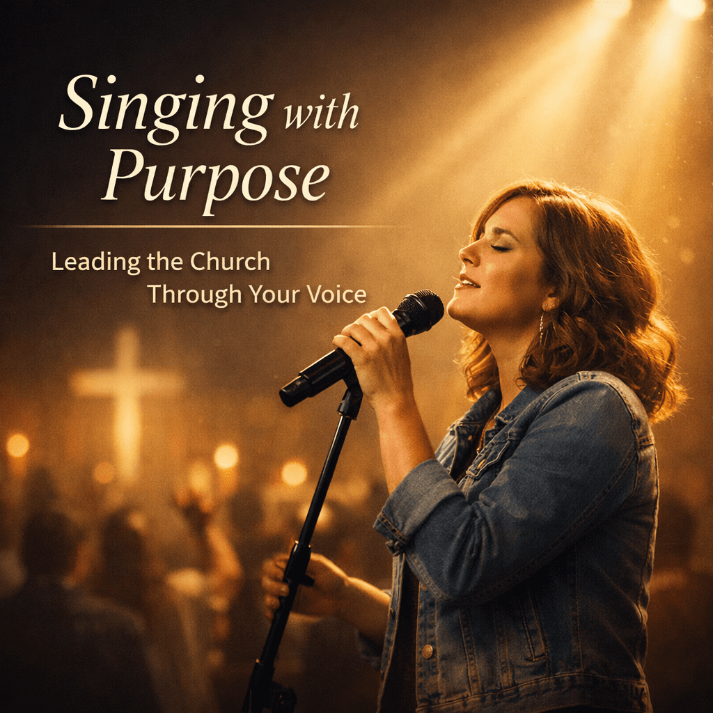 Singing with purpose worship leader leading church through voice on stage with microphone and soft lighting