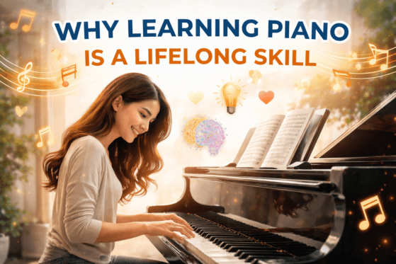 Learning piano is a lifelong skill – student playing piano and practicing music on a grand piano