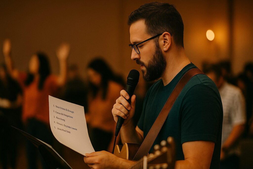 A worship singer standing on a church stage, holding a microphone, eyes closed in deep emotion, soft golden light shining from above, blurred congregation in the background, spiritual and peaceful atmosphere, warm tones, cinematic lighting, depth of field, highly detailed, realistic, 4k, inspirational mood, worship setting