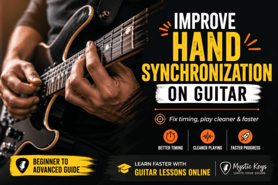 Improving hand synchronization on guitar with close-up of fretting and picking hands playing in perfect coordination