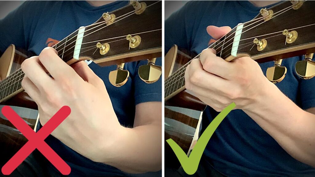 Wrong vs correct guitar hand position showing poor and proper fretting technique for better hand synchronization on guitar