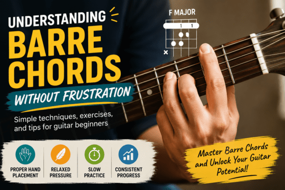 Feature image for Understanding Barre Chords Without Frustration showing a guitarist playing an F major barre chord with beginner-friendly guitar tips, exercises, and proper hand placement techniques.
