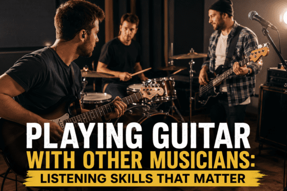 Guitarist playing with a drummer and bassist during a live band rehearsal, highlighting listening skills and musical collaboration in a studio setting.