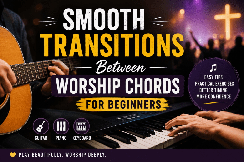 A worship-themed feature image showing a guitarist and keyboard player performing under warm stage lighting with a glowing cross in the background. Bold text reads “Smooth Transitions Between Worship Chords for Beginners,” highlighting beginner-friendly worship music techniques for guitar, piano, and keyboard players.